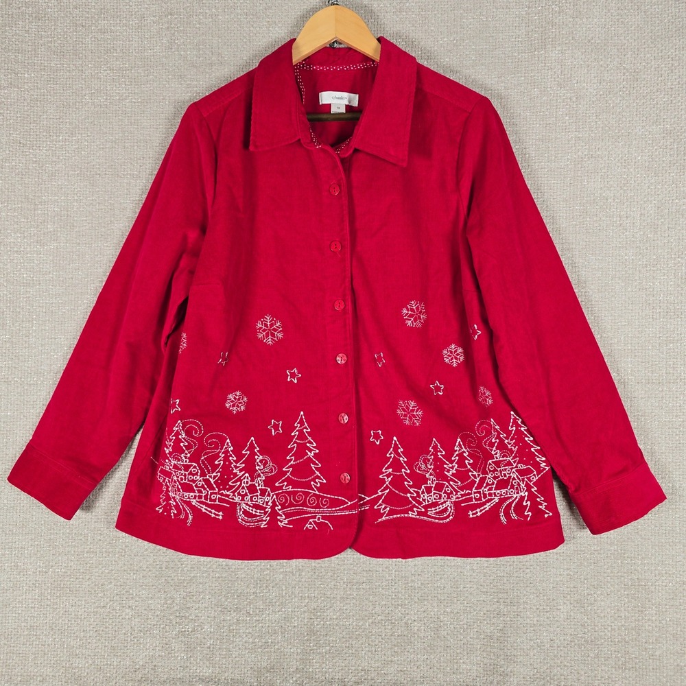 CJ Banks Womens 1X Red Corduroy Christmas Snowflake Shirt Jacket Embroidered